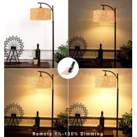 Qiyizm Floor Lamp For Living Room Bedroom Farmhouse Arc Rattan Boho Standing Lamp With Remote Dimmable Black Wicker Bamboo Lamp