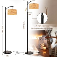 Qiyizm Floor Lamp For Living Room Bedroom Farmhouse Arc Rattan Boho Standing Lamp With Remote Dimmable Black Wicker Bamboo Lamp