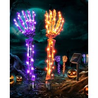 Flacchi Solar Halloween Decorations Skeleton Hands - 100 Led Fairy Lights 2 Pcs Skeleton Hand Stakes With 8 Lighting Modes Waterproof For Halloween Deocr Outdoor (Orange & Purple)