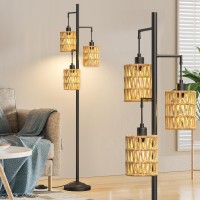 Cnxin 3-Lights Rattan Floor Lamps With On/Off Foot Switch Tree Standing Lamp With Wood Rattan Lampshades Boho Floor Lamp Tall Pole Lamp For Living Room Bedroom Office, 3 Pcs 6W Bulbs Included