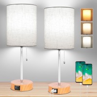 Dott Arts Table Lamp For Bedroom Set Of 2, Usb Bedside Lamp With Ac Outlets Nightstand Lamp 2700K 4000K 5000K Wood Grain Table Lamps For Living Room Bedroom Office(Bulbs Included)