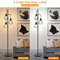 Coucrek Industrial Floor Lamp Farmhouse Standing Lamp With 3 Hanging Cage Heads Rustic Tree Floor Lamps For Living Room Bedroo