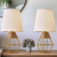 Gsafava 13 Modern Industrial Gold Rattan Metal Table Lamp Set Of 2 Boho Hollowed Out Base Small Beside Lamp For Living Room B