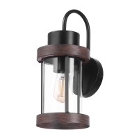 Globe Electric 60000026 1-Light Outdoor Wall Sconce, Matte Black, Faux Wood Accent, Clear Glass Shade, E26 Bulb Required, Outdoor Lighting Modern, Front Porch D