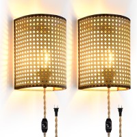 Xininsun Wall Sconces Set Of Two Plug In Wall Sconces Rattan Lampshade Wall Lamp With Plug In Cord And Dimmable Switch Wall Lig