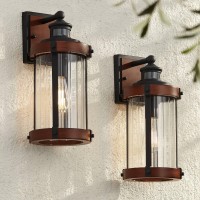 John Timberland Stan Industrial Outdoor Wall Light Fixtures Set Of 2 Dark Faux Wood Black Metal Motion Sensor 15 1/2