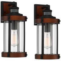 John Timberland Stan Industrial Outdoor Wall Light Fixtures Set Of 2 Dark Faux Wood Black Metal Motion Sensor 15 1/2