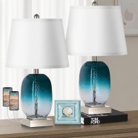 Table Lamp Set Of 2 Touch Control Modern Coastal Teal Glass Bedside Lamp With 2 Usb Ports 3Way Dimmable Beach Nightstand Lamp