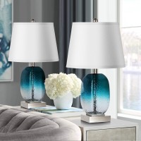 Table Lamp Set Of 2 Touch Control Modern Coastal Teal Glass Bedside Lamp With 2 Usb Ports 3Way Dimmable Beach Nightstand Lamp