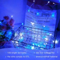 Hopolon Blue And White Christmas Lights Outdoor 33Ft 100 Led Plug In Fairy String Lights Clear Wire 8 Modes Waterproof Christmas