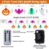 Timer 2 Pack Halloween Lights Total 23Ft 60 Led Pumpkin Bat Spider Ghost Halloween String Lights Battery Operated 8 Modes Wat