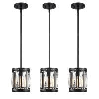 Crystal Pendant Lighting Fixture Matte Black Drum Shade Chandelier 3Pack Pendant Lights For Kitchen Island Modern Ceiling Light