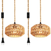 Ihengyanlt 2 Pack Plug In Pendant Light Rattan Hanging Lamp With Switch Mini Rattan Boho Semi Flush Mount Ceiling Light Hand Wov