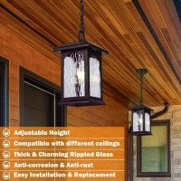 Outdoor Pendant Light Fixture Oil Rubbed Bronze, Exterior Chandelier Hanging Lantern For Front Porch, Anti-Rust Waterproof Farmhouse Outdoor Ceiling Lamp With Rippled Glass For Entryway Gazebo, Brown