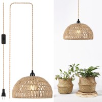 Foucasal Plug In Pendant Light Hanging Lights With Plug In Cord 15Ft Farmhouse Hanging Lamp Woven Rattan Plug In Ceiling Light Fixture For Living Dinning Room Bedroom Kitchen Island