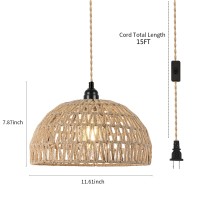 Foucasal Plug In Pendant Light Hanging Lights With Plug In Cord 15Ft Farmhouse Hanging Lamp Woven Rattan Plug In Ceiling Light Fixture For Living Dinning Room Bedroom Kitchen Island