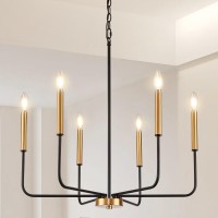 Zuyurt Modern Black And Gold Chandelier For Dining Room 6Light Metal Farmhouse Dining Room Light Fixtures Hanging Candle Chand