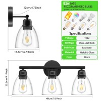 Folksmate 3Light Bathroom Light Fixtures Matte Black Modern Vanity Lights Sconces Wall Lighting With Clear Glass Shade Wall