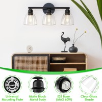 Folksmate 3Light Bathroom Light Fixtures Matte Black Modern Vanity Lights Sconces Wall Lighting With Clear Glass Shade Wall