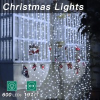 Shineshine 197Ft 600Led Christmas Lights Outdoor, Waterproof 8 Lighting Modes White Christmas Lights With Remote, String Lights For Indoor Outside Party New Year House