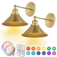 Lumiman Gold Battery Operated Wall Sconce Set Of 2 Vintage Wall Lights Wireless 270Rotate Head Dimmable 12 Rgb Battery Powere