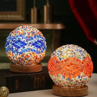 Haidoliang Turkish Table Lamp D47 X H52Mosaic Glass Lamps With Wooden Base Baroque Tiffany Bedside Lamps Usb Power Su