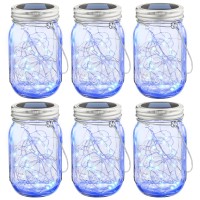 Mlambert Mason Jar Solar Lights 30 Leds, 6 Pack Hanging Solar Lights Outdoor, Waterproof Fairy Lights Solar Lanterns For Patio Garden, Hangers And Jars Included- Blue