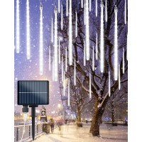 20 Tubes Solar Meteor Shower Icicle Lights 480 Led Raindrop Lights With Timer Function Cascading Lights Falling Rain Lights For Holiday Party Christmas Decorations (White)