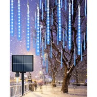 20 Tubes Solar Meteor Shower Icicle Lights 480 Led Raindrop Lights With Timer Function Cascading Lights Falling Rain Lights For Holiday Party Christmas Decorations (Blue)