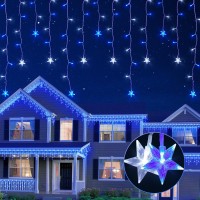 Oopswow Icicle Lights Outdoor,16.5Ft 200 Led Curtain Fairy Lights,40 Drops 8 Modes With Timer Icicle Star Lights,Hanging Led String Lights For Backdrop,Wedding,Party,Christmas Decorations,Blue&White