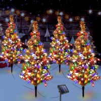 4 Pcs Solar Christmas Tree Lights Decorations Outdoor, Decorative Xmas Tree Solar Powered Christmas Yard Stake Waterproof For Christmas Decoration Garden Patio Yard, With Led Strawberry Light, Red Bow