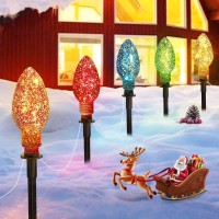 2 Pack Jumbo C9 Lights Christmas Pathway Lights With Marker Stakes, 6.5 Feet String Lights Covered Jumbo Glitter Multicolor Light Bulb Outdoor Lawn Decorations For Outside Garden Decor, 10 Lights