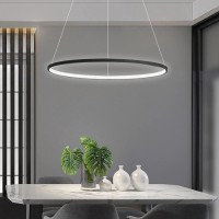 Stomee Led Modern Round Pendant Lamp Dimmable With Remote Control Pendant Lamp Height Adjustable Ceiling Light Dining Table Chandelier For Living Room Dining Room Office Lighting (Black, 59In)