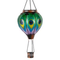 Peacock Hot Air Balloon Hanging Solar Lantern Lights Flickering Flame Solar Led Candle Lights Outdoor Garden Decorative Metal