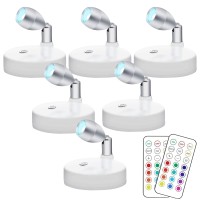 Rgb Wireless Led Spotlight, Battery Operated Accent Lights, Indoor Mini Puck Light, Dimmable Uplight With Remote, 4000K Warm White, Stick On Anywhere Wall Light With Rotatable Head, Silver, 6 Pack