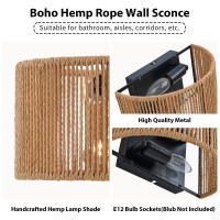 Rattan Boho Decor Wall Sconce Set Of Two, Wall Hanging Lamps With Hand Woven Hemp Rope Shade, Farmhouse Rustic Wicker Black Wall Mount Vintage Sconces Light Fixture Indoor For Bedroom Bedside Stairway