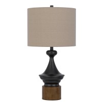 30 Inch 3 Way Rubberwood Table Lamp, Beige Fabric Shade, Black Metal Body