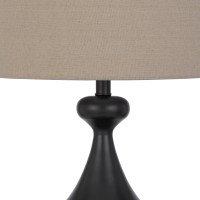 30 Inch 3 Way Rubberwood Table Lamp, Beige Fabric Shade, Black Metal Body