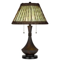 26 Inch Table Lamp, Bamboo Woven Stained Green Shade, Wicker Trim, Bronze