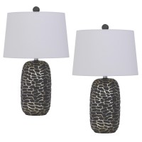 25 Inch Oval Table Lamp, Set Of 2, White Fabric Drum Shade, Black, Silver