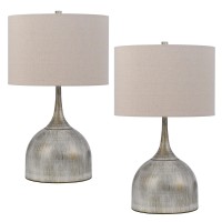 26 Inch Table Lamp, Set Of 2, Curved, Beige Fabric Shade, Distressed Gray