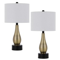 23 Inch Pear Shaped Table Lamp, Set Of 2, Fabric Cylinder Shade, Black, Gold