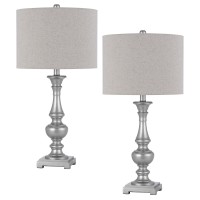 28 Inch Table Lamp, Set Of 2, Beige Fabric Shade, Silver Carved Frame