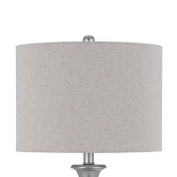 28 Inch Table Lamp, Set Of 2, Beige Fabric Shade, Silver Carved Frame