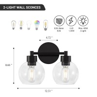 Diniluse Black Bathroom Light Fixtures 2 Lights Bathroom Vanity Light With Clear Globe Glass Shades Wall Sconce Lamp For Mirro