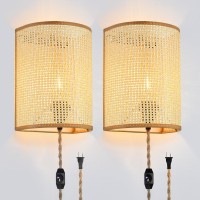 Xininsun Wall Sconces Set Of Two Plug In Wall Sconces Rattan Lampshade Wall Lamp With Plug In Cord And Dimmable Switch Rustic Bo