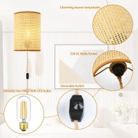 Xininsun Wall Sconces Set Of Two Plug In Wall Sconces Rattan Lampshade Wall Lamp With Plug In Cord And Dimmable Switch Rustic Bo