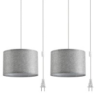 Ihengyanlt 2 Pack Plug In Pendant Light Hanging Light With 15Ft Clear Cord Onoff Switch Grey Fabric Lamp Shade Hanging Ligh