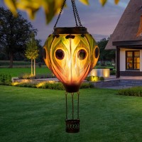 Hot Air Balloon Solar Lantern With Flickering Flame Light, Peacock Feather Solar Lanterns Outdoor Hanging, Stained Glass Waterproof Decorative For Garden Patio Pathway Yard Porch