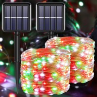 Solar Christmas String Lights Outdoor,Red White Green Fairy Lights, Ip67 Waterproof 2Pack Total 200Led 66Ft With 8Modes, Outside Christmas Decorations Lights For Tree, Garden, Patio, Fence, Balcony